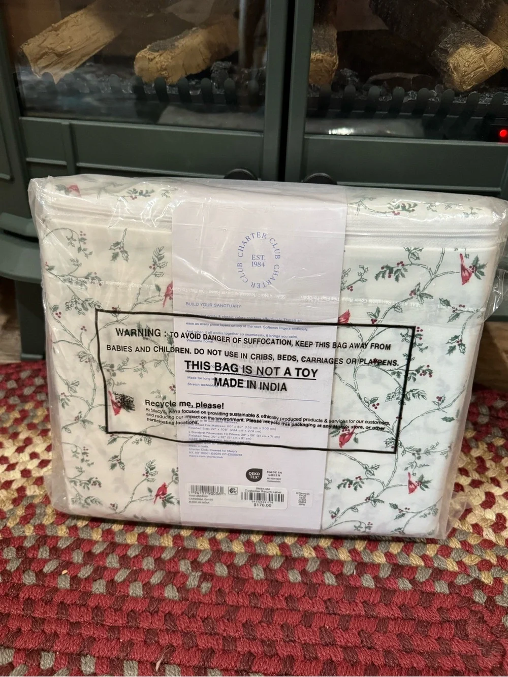 Charter Club Green and Red Holly/Cardinal Print Holiday Sheet Set